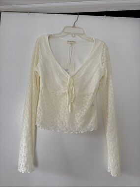 Cream Lace Tie-Front Long Sleeve Top